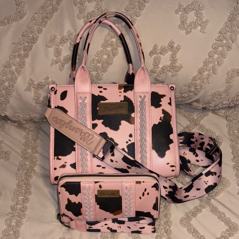 Wrangler Pink and Black Cow Print Tote Set